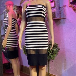 Strapless, black and white stripes, and transparent dress